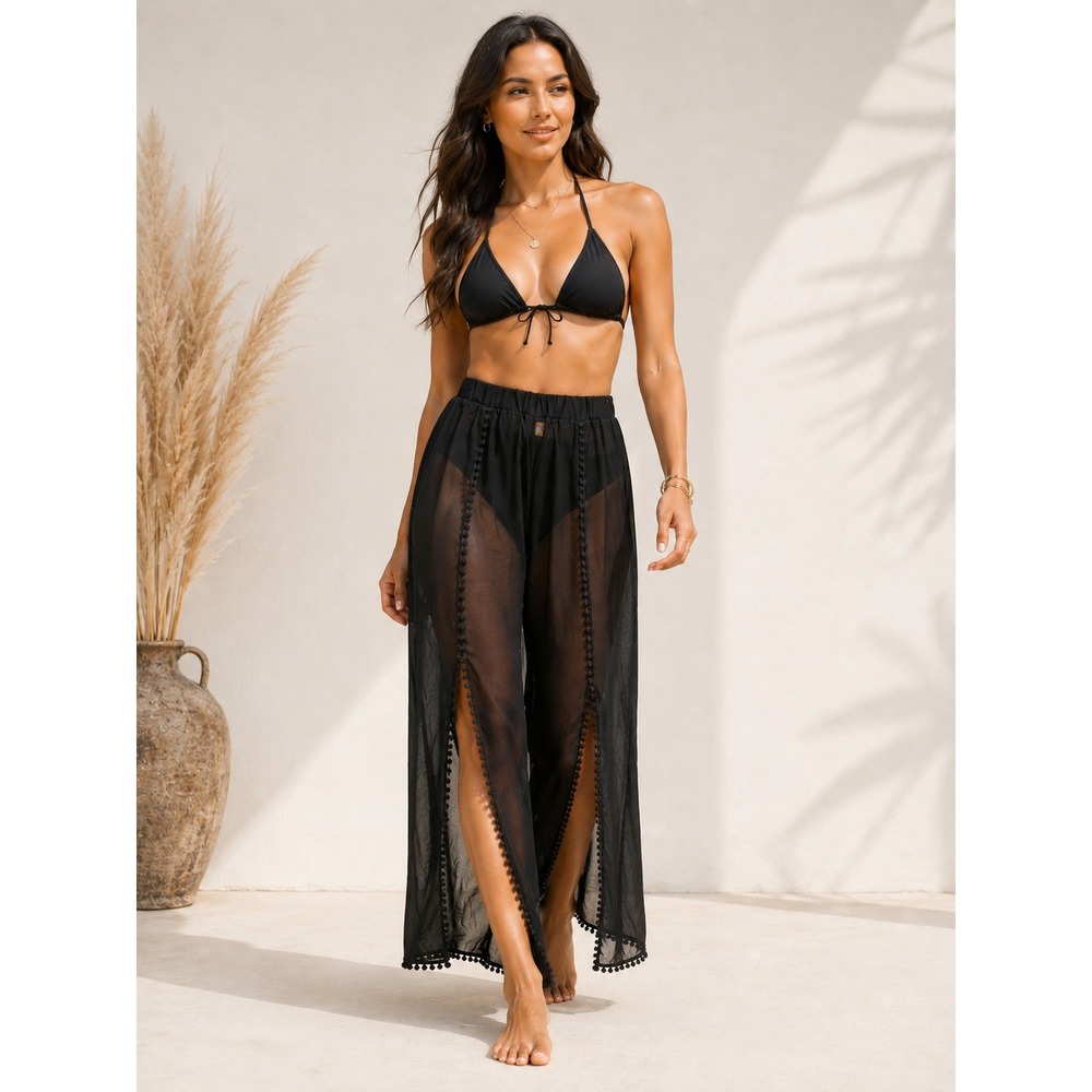 Sheer Wide Leg Cover Up Harem Pants M‎ Black High Slit Pom Pom Trim Beach Flowy